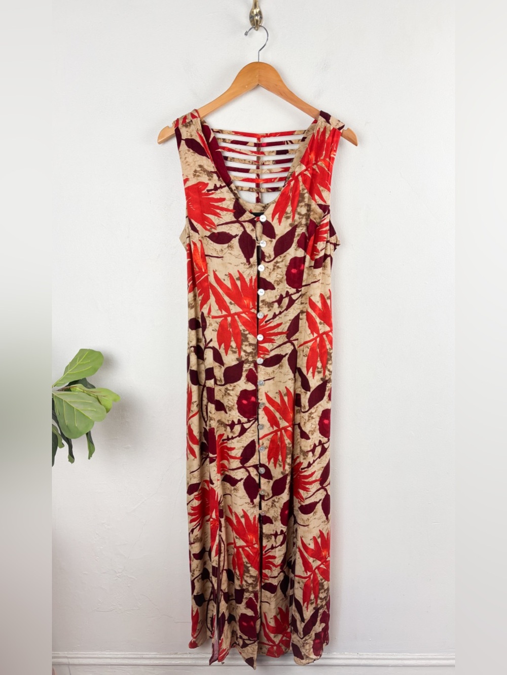 Vintage 90s Scarlett Tripical Print Button Front Maxi Dress Sz 14